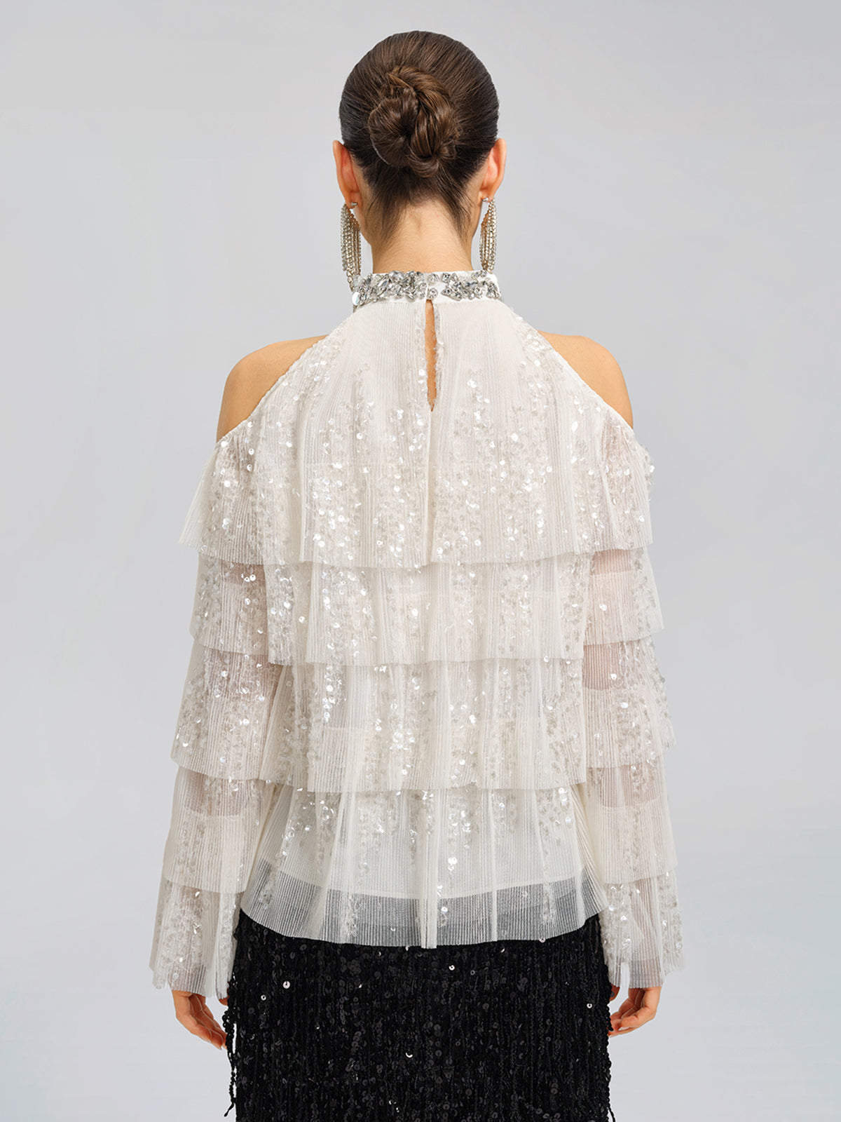 Sequin Pleated Mesh Cold-Shoulder Top (Detachable Bow Included)