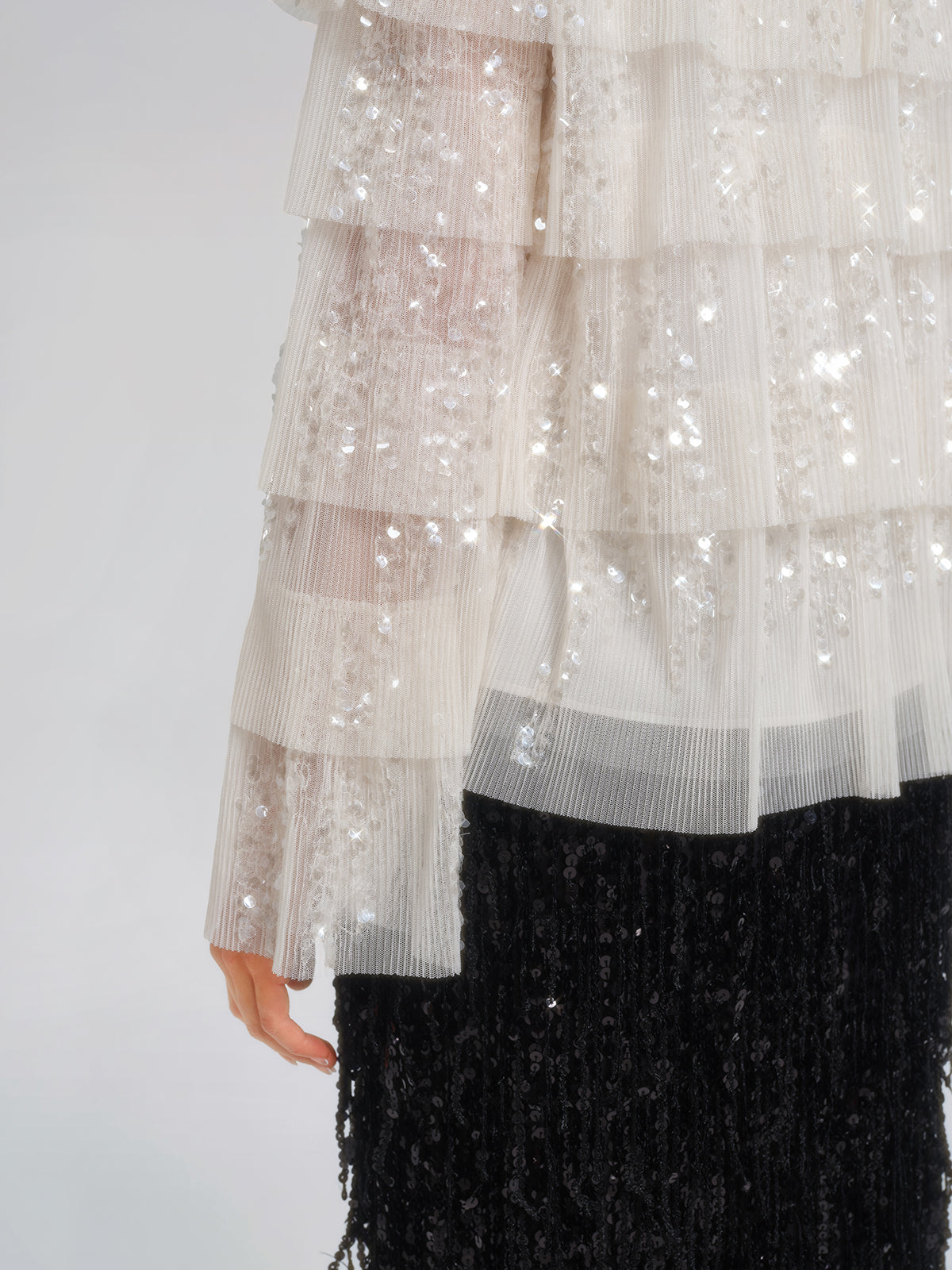 Sequin Pleated Mesh Cold-Shoulder Top (Detachable Bow Included)