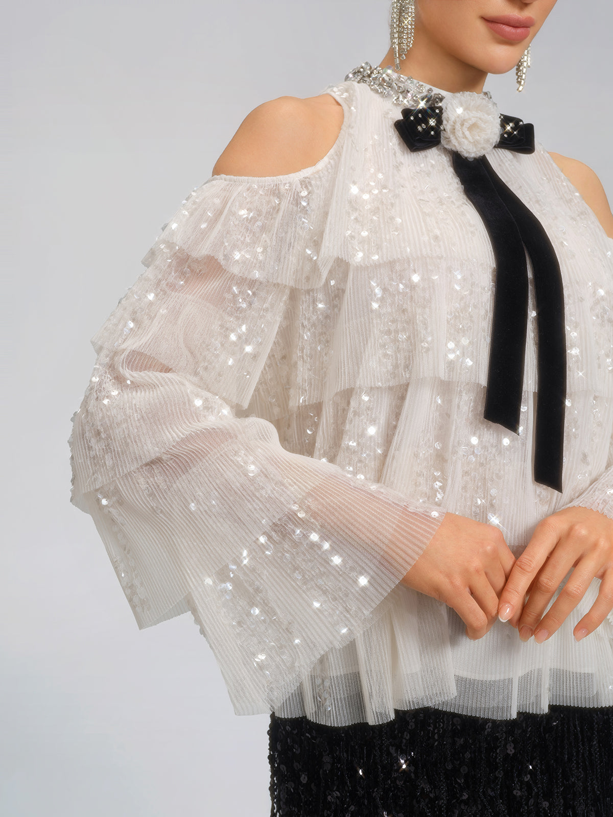 Sequin Pleated Mesh Cold-Shoulder Top (Detachable Bow Included)