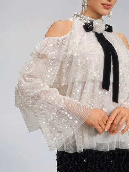 Sequin Pleated Mesh Cold-Shoulder Top (Detachable Bow Included)