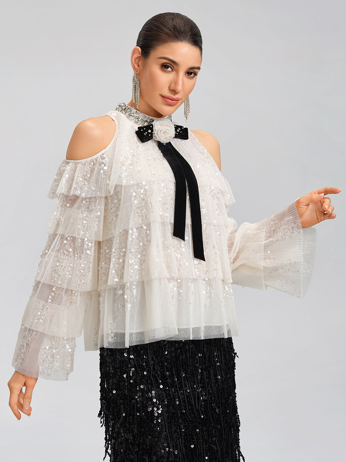Sequin Pleated Mesh Cold-Shoulder Top (Detachable Bow Included)