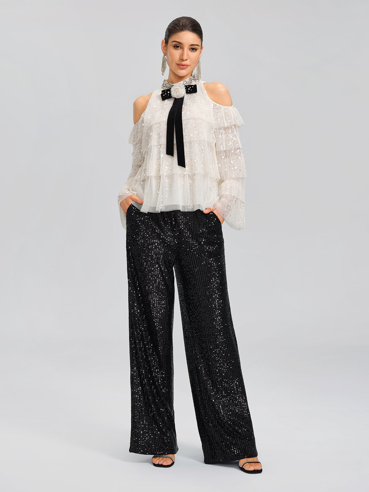 Sequin Pleated Mesh Cold-Shoulder Top (Detachable Bow Included)