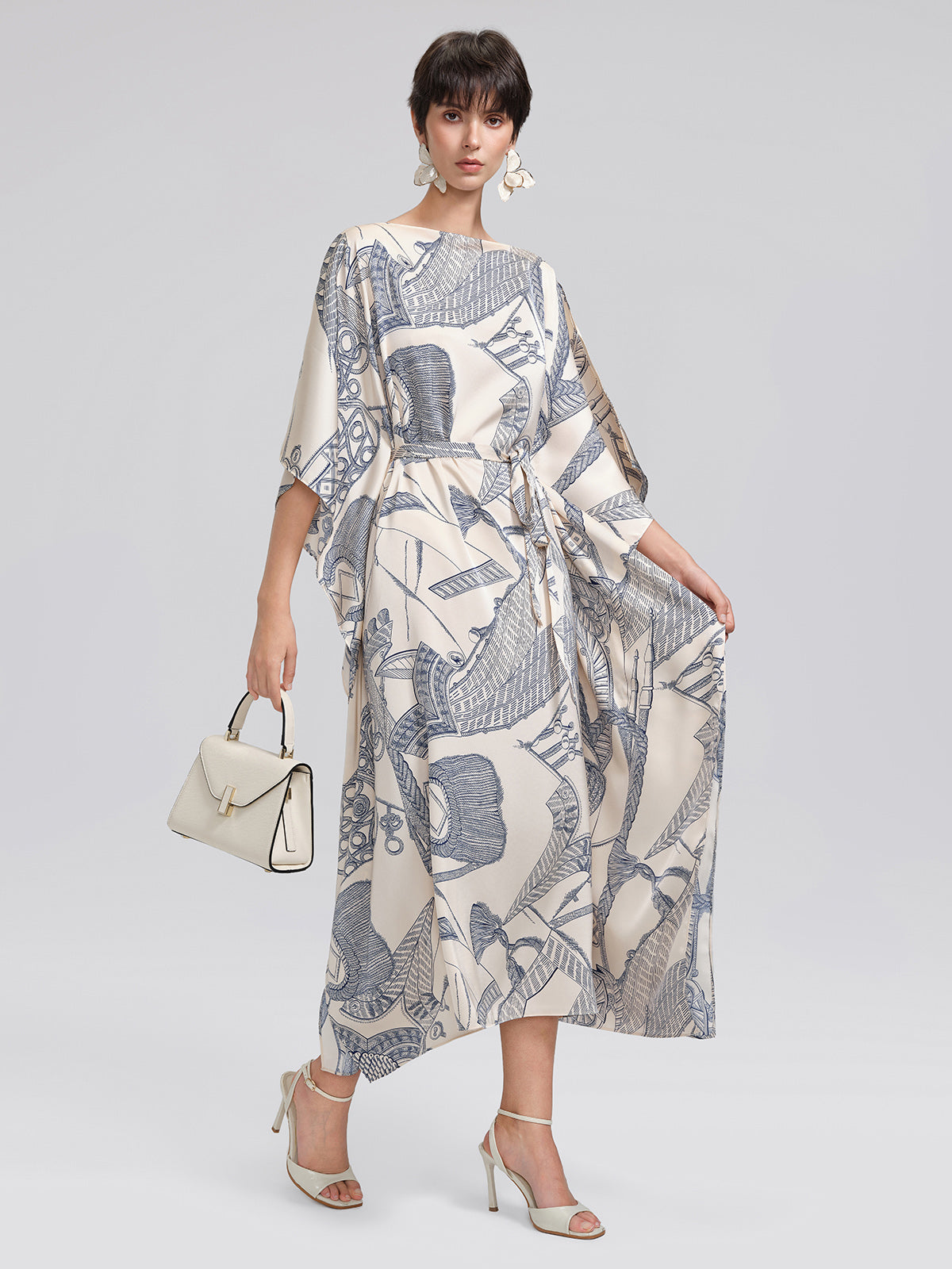 Acetate Satin Nautical Print Dress(Waist Tie Included)