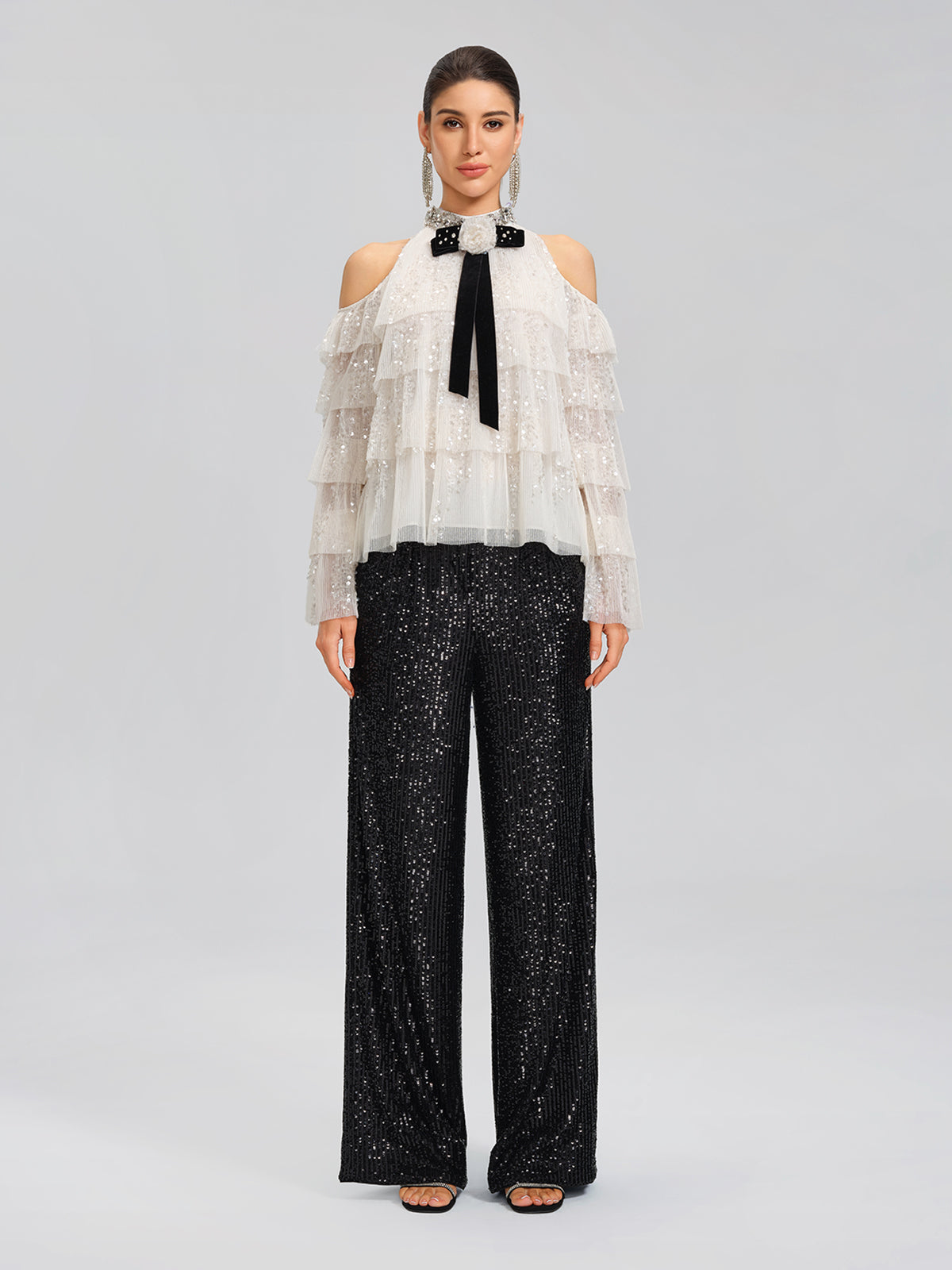 Sequin Pleated Mesh Cold-Shoulder Top (Detachable Bow Included)