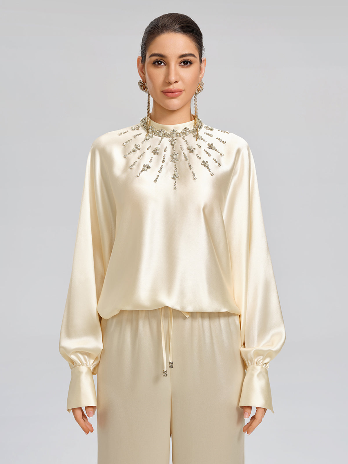 Acetate Beaded Stand-Collar Puff-Sleeve Top