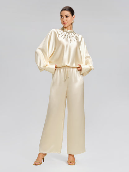 Acetate Beaded Stand-Collar Puff-Sleeve Top