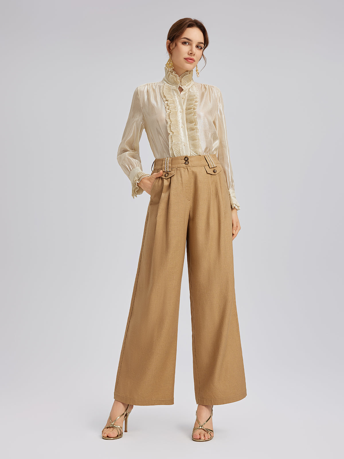 Baroque Linen Wide-Leg Elastic-Waist Pants
