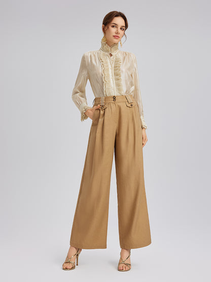 Baroque Linen Wide-Leg Elastic-Waist Pants