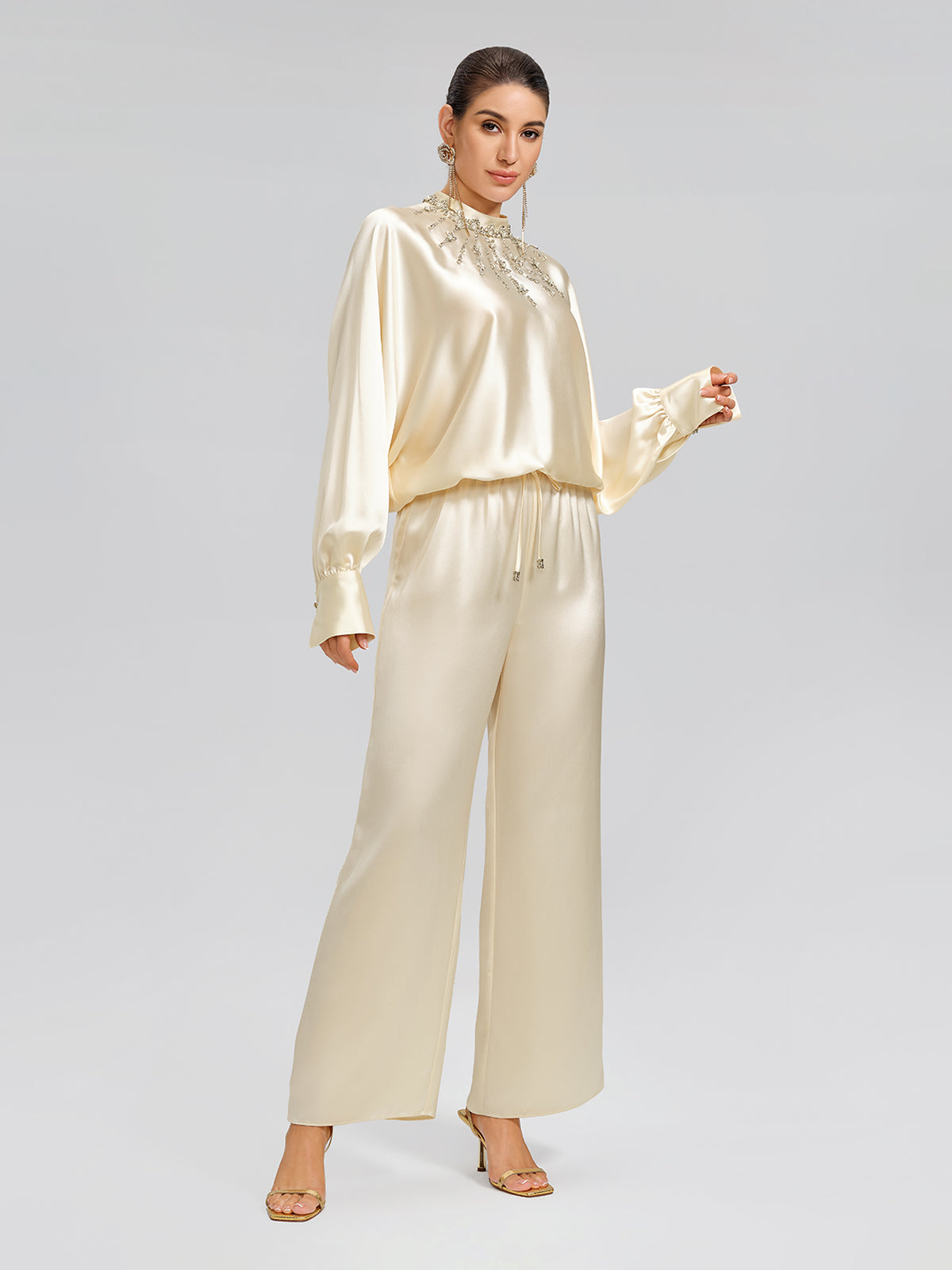 Acetate Beaded Stand-Collar Puff-Sleeve Top