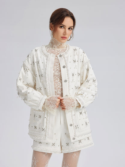 Hand-Beaded Pearl Ribbon Denim Jacket