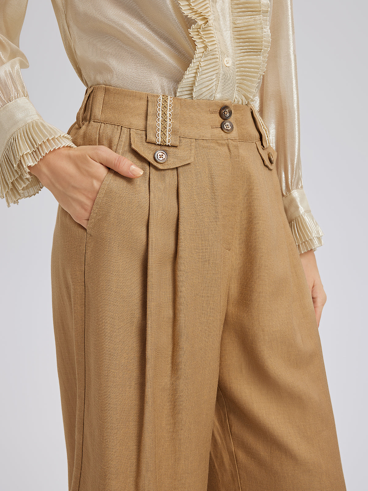 Baroque Linen Wide-Leg Elastic-Waist Pants
