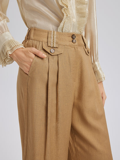 Baroque Linen Wide-Leg Elastic-Waist Pants