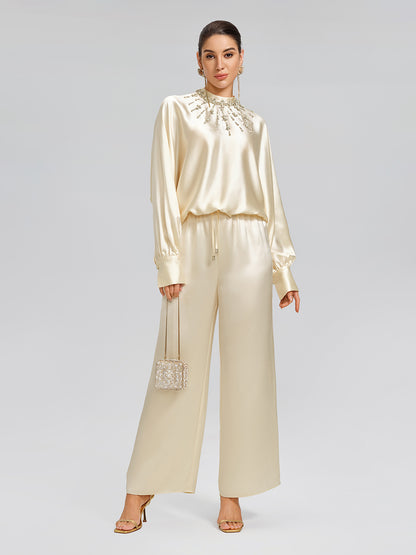 Acetate Beaded Stand-Collar Puff-Sleeve Top