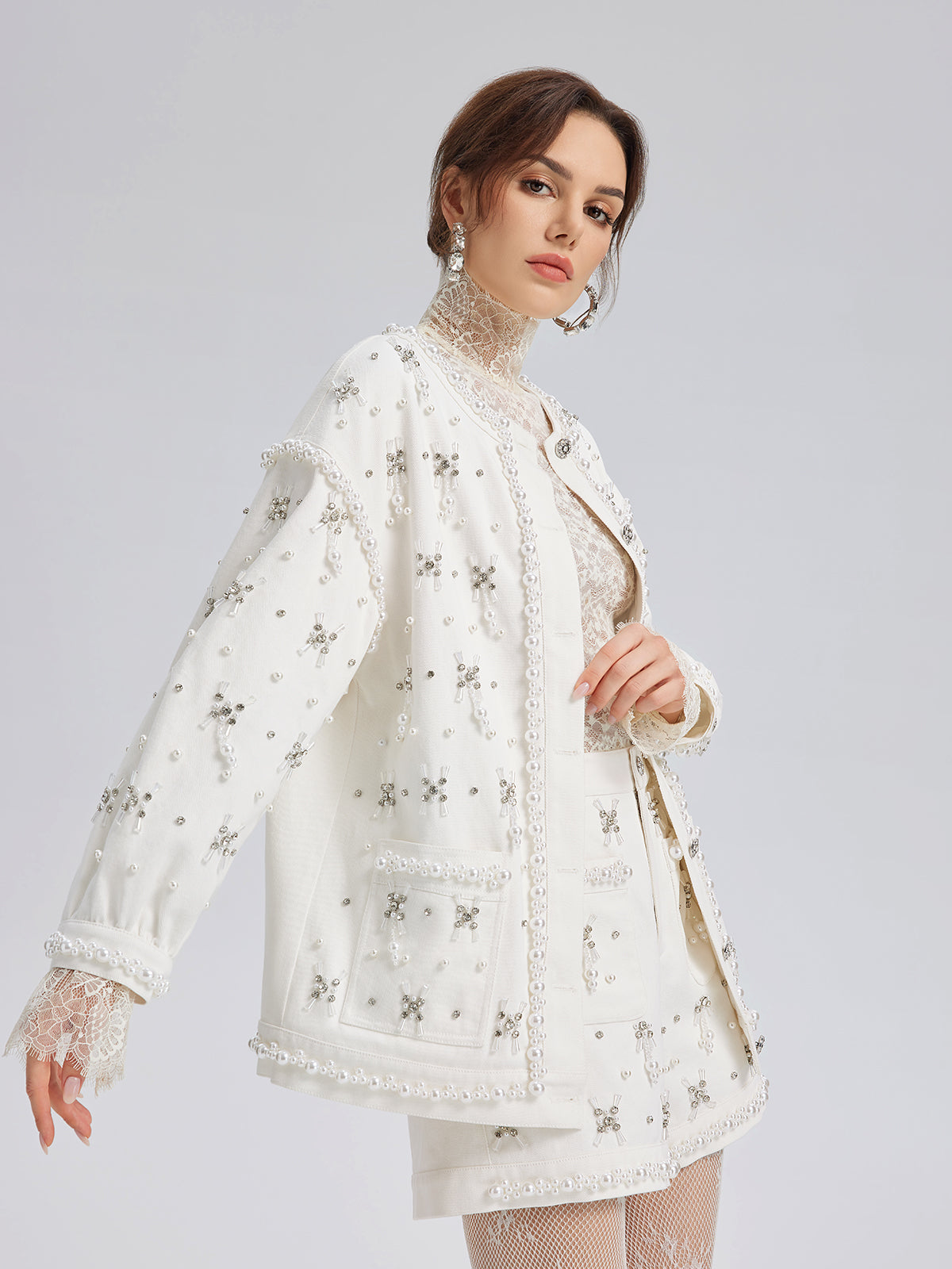 Hand-Beaded Pearl Ribbon Denim Jacket