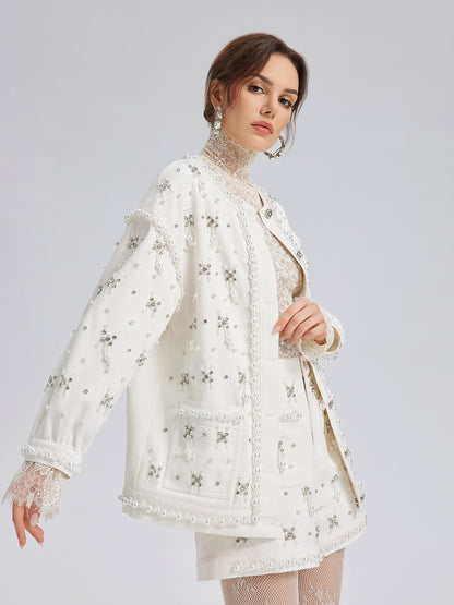 Hand-Beaded Pearl Ribbon Denim Jacket