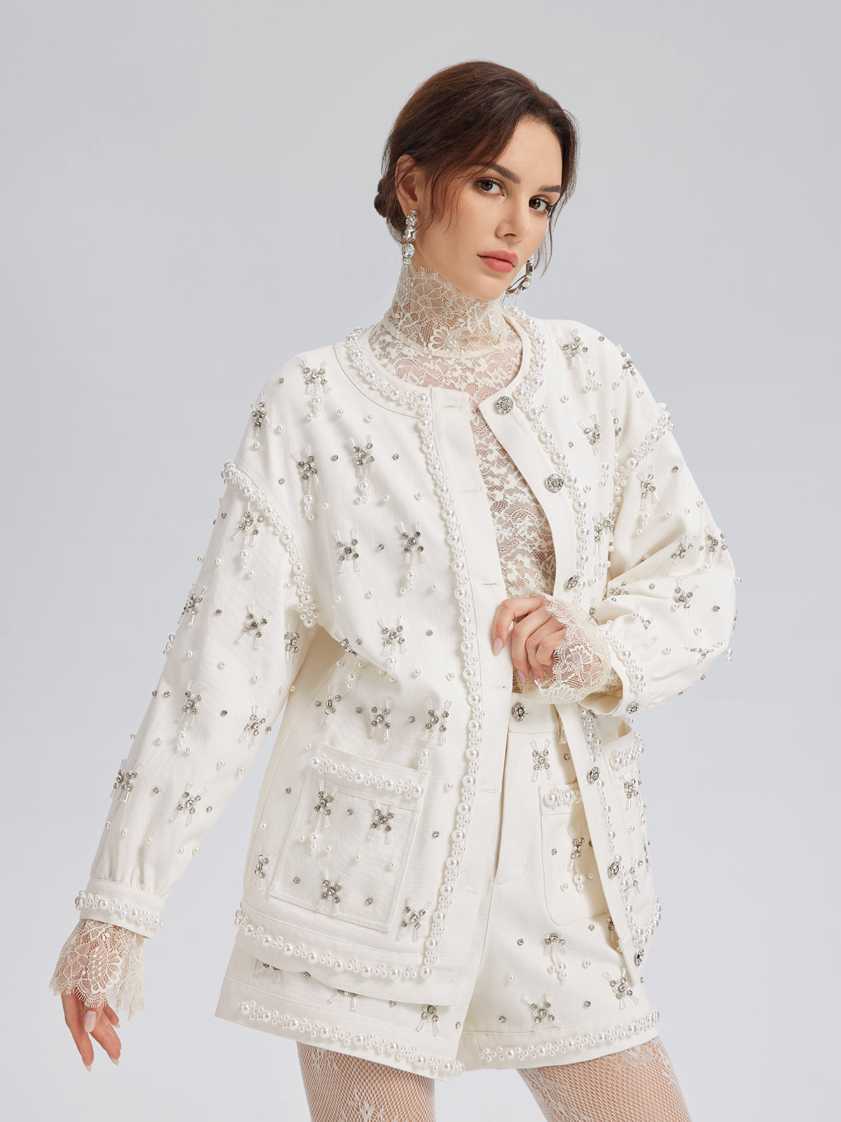 Hand-Beaded Pearl Ribbon Denim Jacket