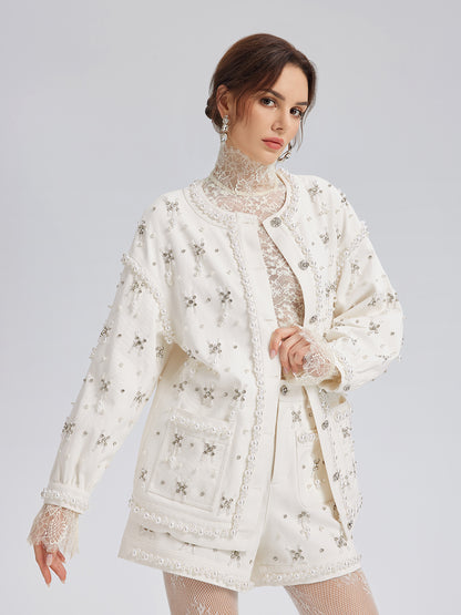 Hand-Beaded Pearl Ribbon Denim Jacket