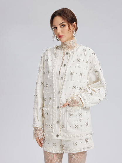 Hand-Beaded Pearl Ribbon Denim Jacket