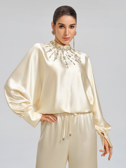 Acetate Beaded Stand-Collar Puff-Sleeve Top