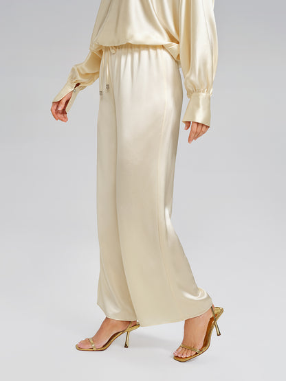 Acetate Elastic-Waist Straight Wide-Leg Pants