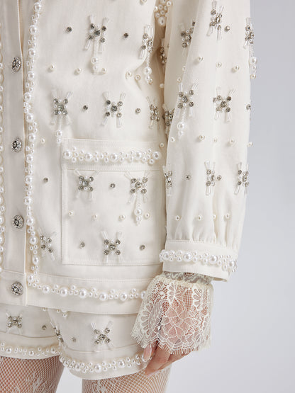 Hand-Beaded Pearl Ribbon Denim Jacket