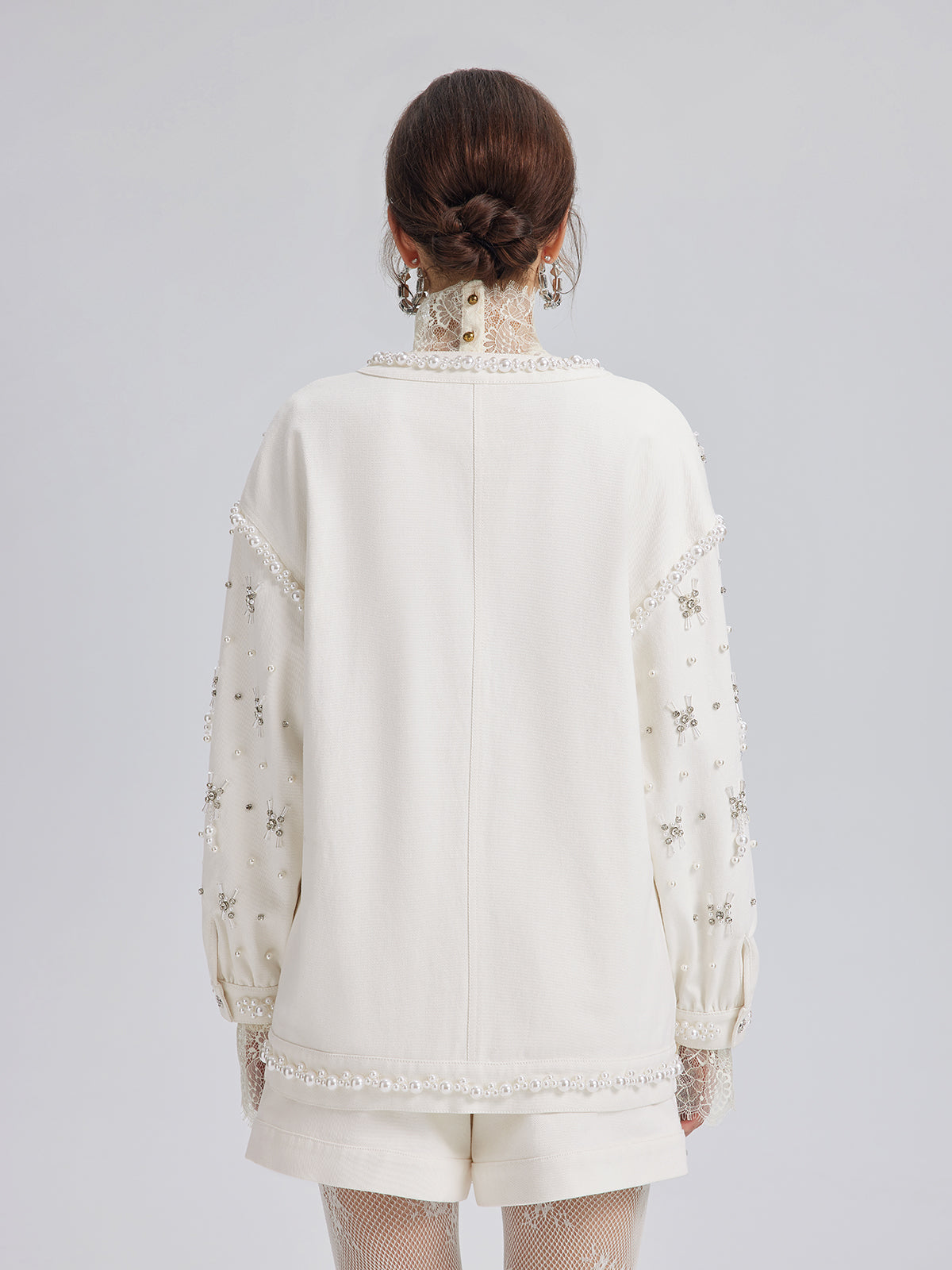 Hand-Beaded Pearl Ribbon Denim Jacket