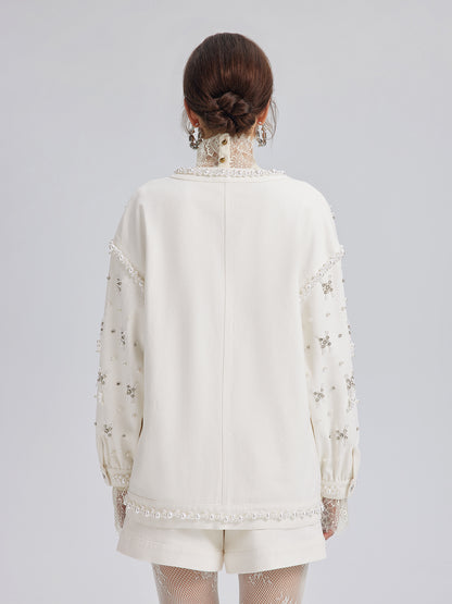 Hand-Beaded Pearl Ribbon Denim Jacket