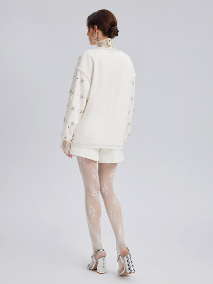 Hand-Beaded Pearl Ribbon Denim Jacket