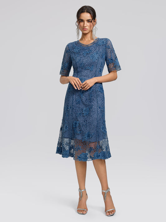 Cutout Lace 3D Floral Short-Sleeve Dress