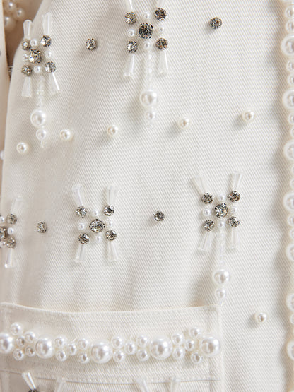 Hand-Beaded Pearl Ribbon Denim Jacket