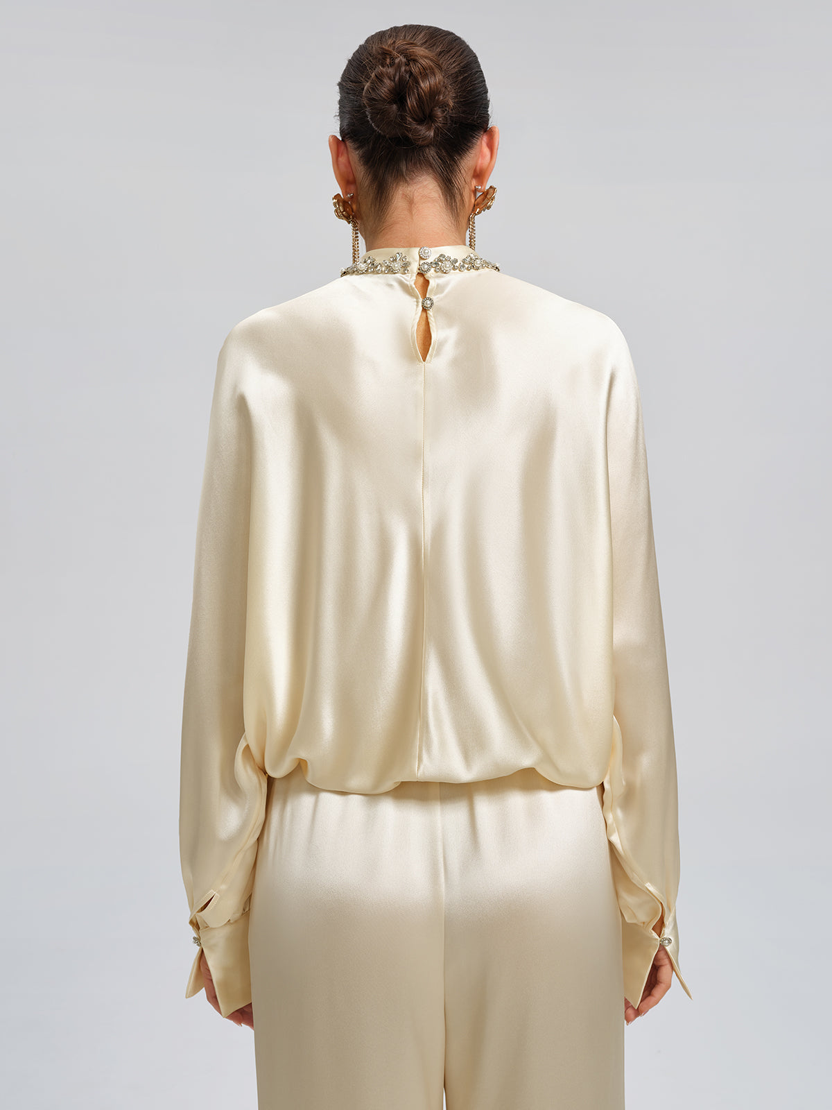Acetate Beaded Stand-Collar Puff-Sleeve Top