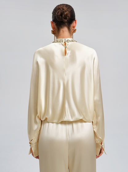 Acetate Beaded Stand-Collar Puff-Sleeve Top
