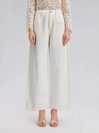 Pearl Rhinestone Denim Wide-Leg Pants