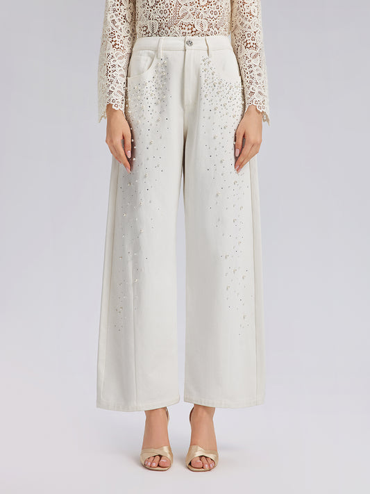 Pearl Rhinestone Denim Wide-Leg Pants