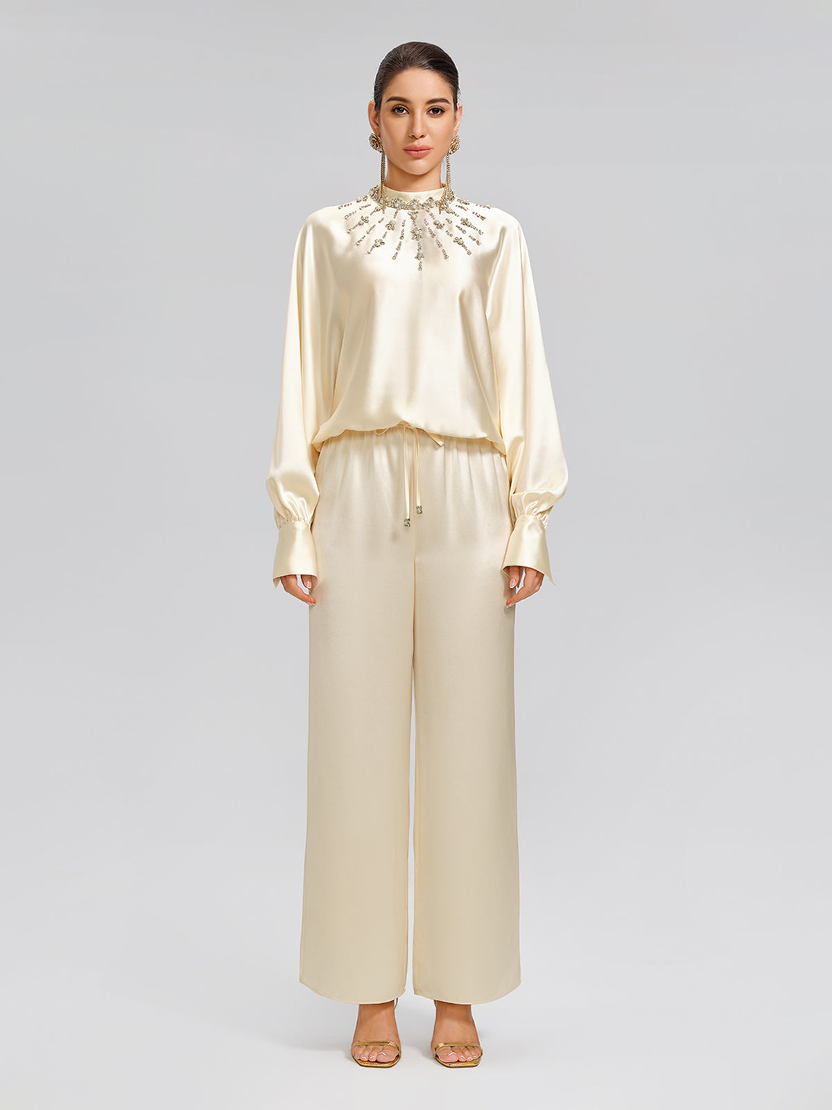 Acetate Beaded Stand-Collar Puff-Sleeve Top