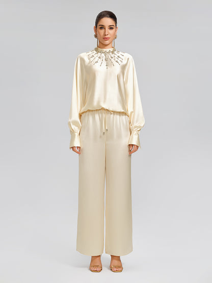 Acetate Beaded Stand-Collar Puff-Sleeve Top