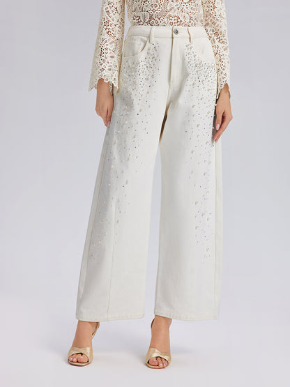 Pearl Rhinestone Denim Wide-Leg Pants
