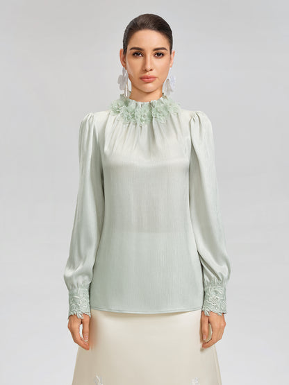 Floral Lace-Trim Puff-Sleeve Top