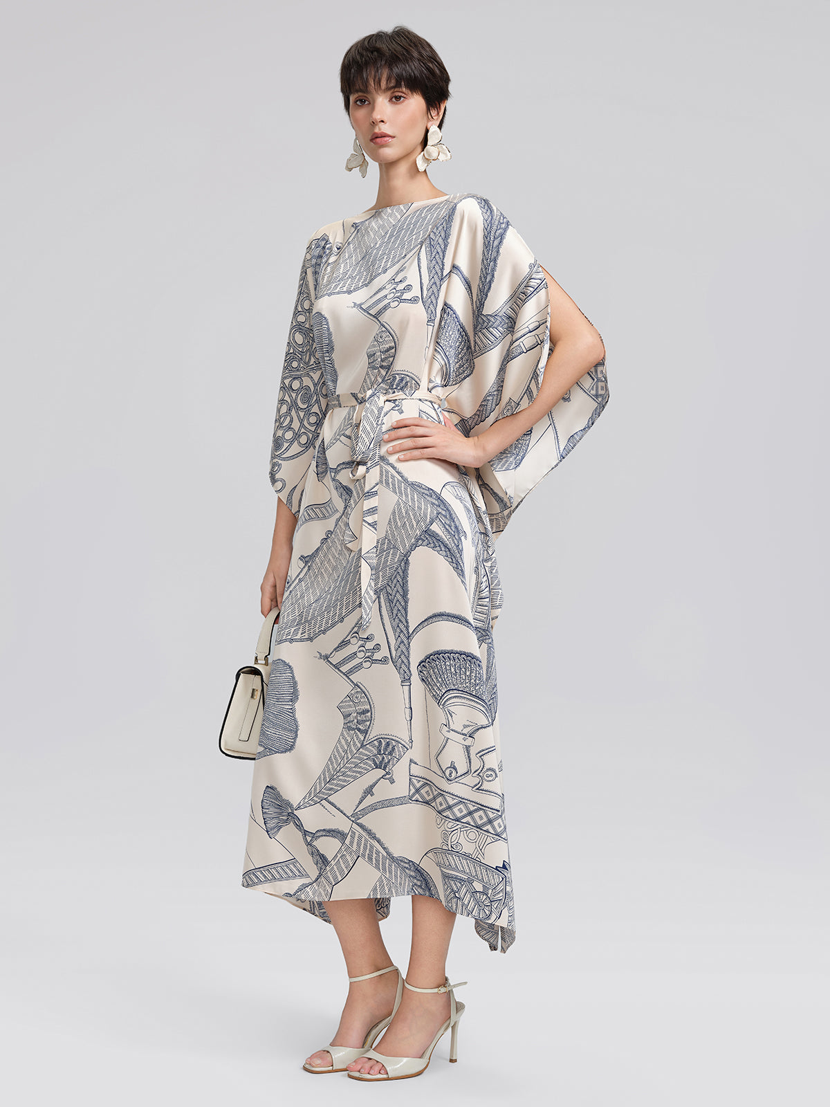 Acetate Satin Nautical Print Dress(Waist Tie Included)
