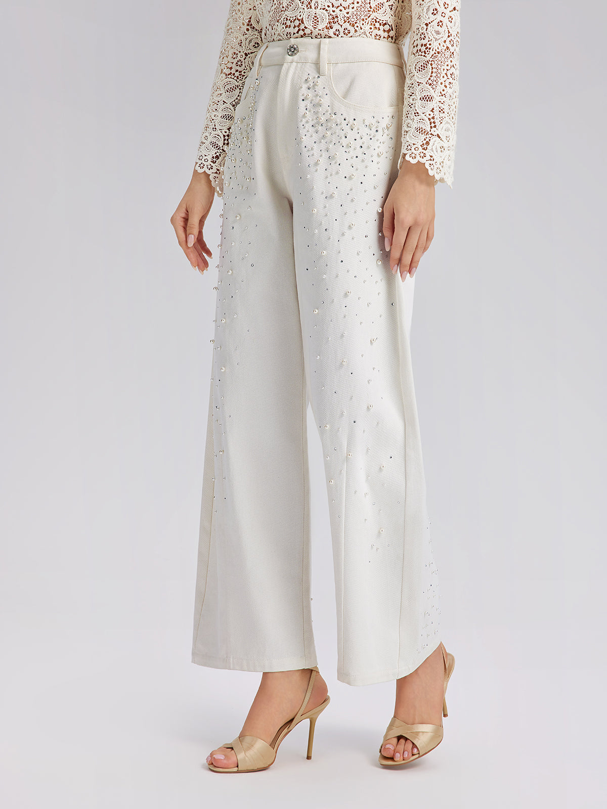Pearl Rhinestone Denim Wide-Leg Pants