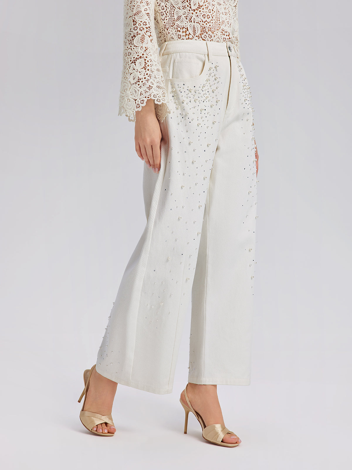 Pearl Rhinestone Denim Wide-Leg Pants