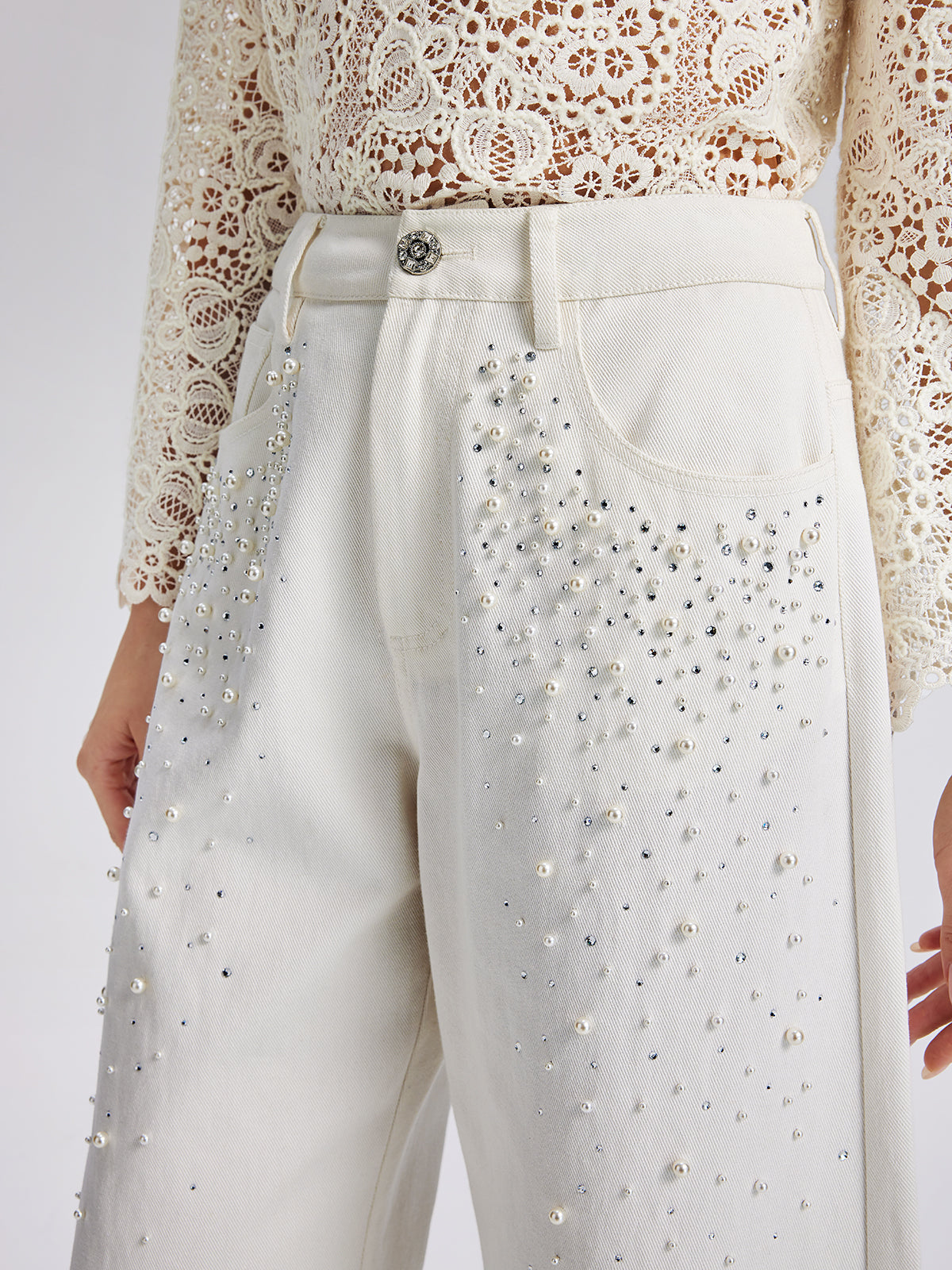 Pearl Rhinestone Denim Wide-Leg Pants