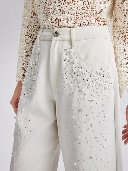 Pearl Rhinestone Denim Wide-Leg Pants