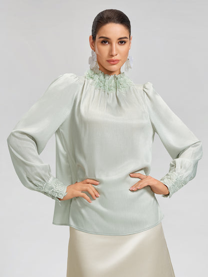 Floral Lace-Trim Puff-Sleeve Top