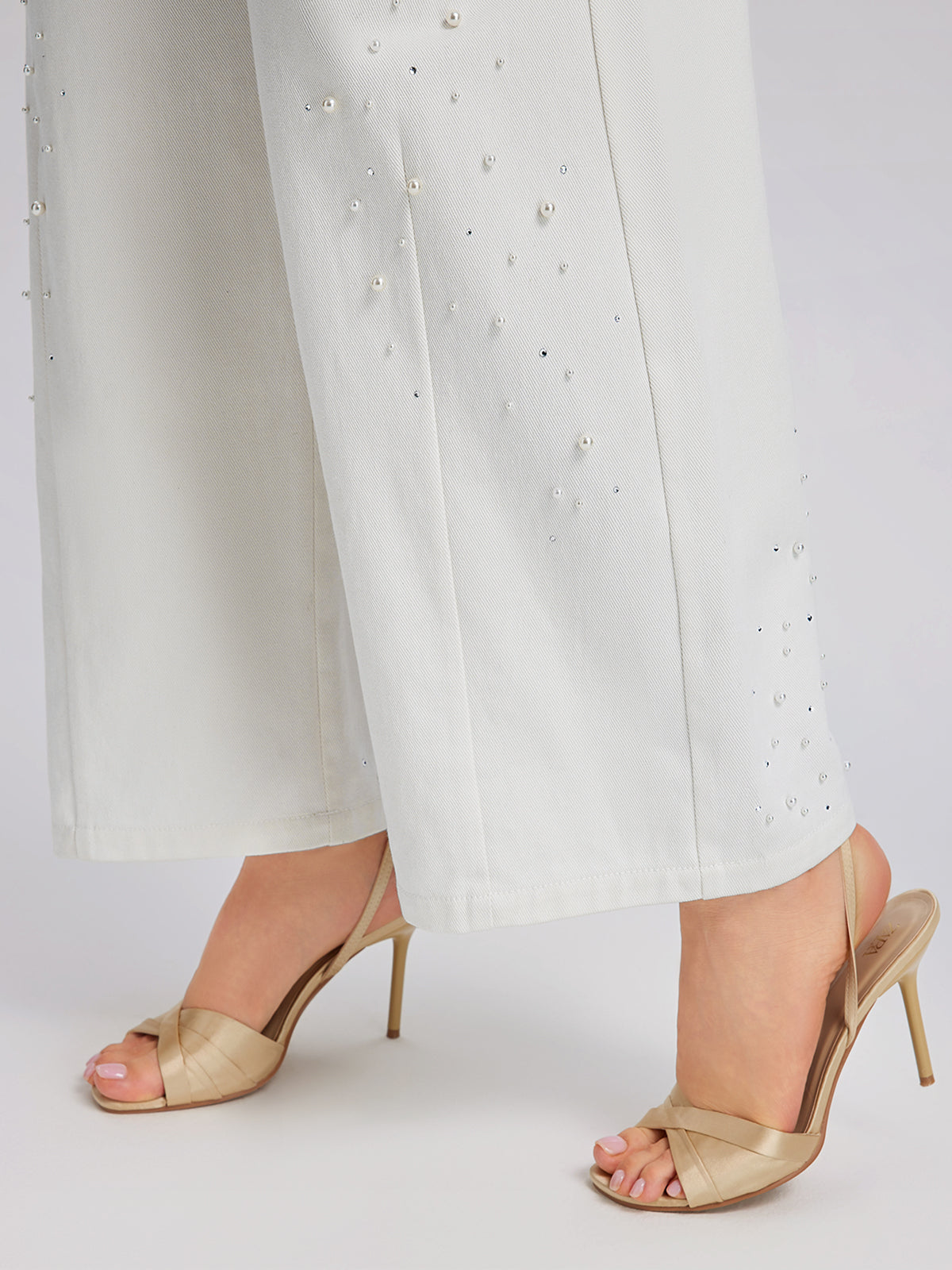 Pearl Rhinestone Denim Wide-Leg Pants