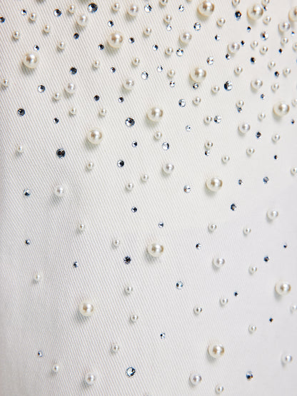 Pearl Rhinestone Denim Wide-Leg Pants