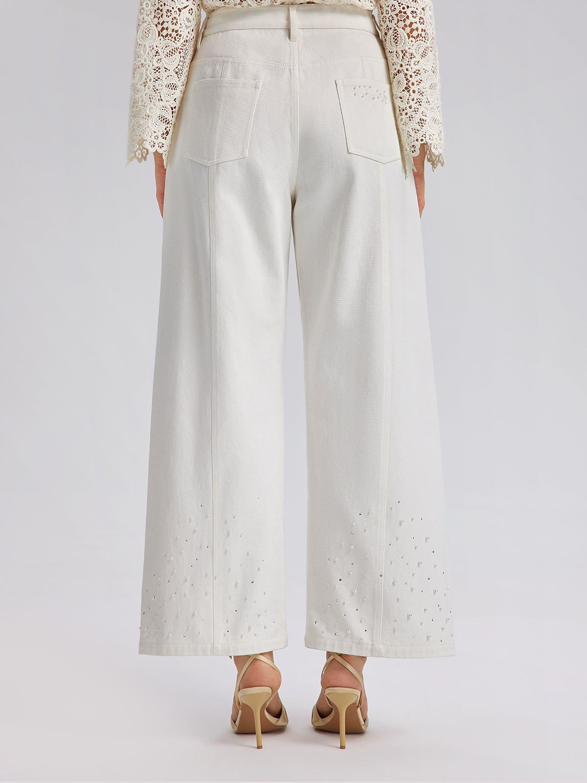 Pearl Rhinestone Denim Wide-Leg Pants