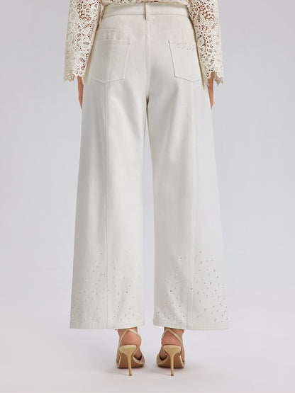 Pearl Rhinestone Denim Wide-Leg Pants