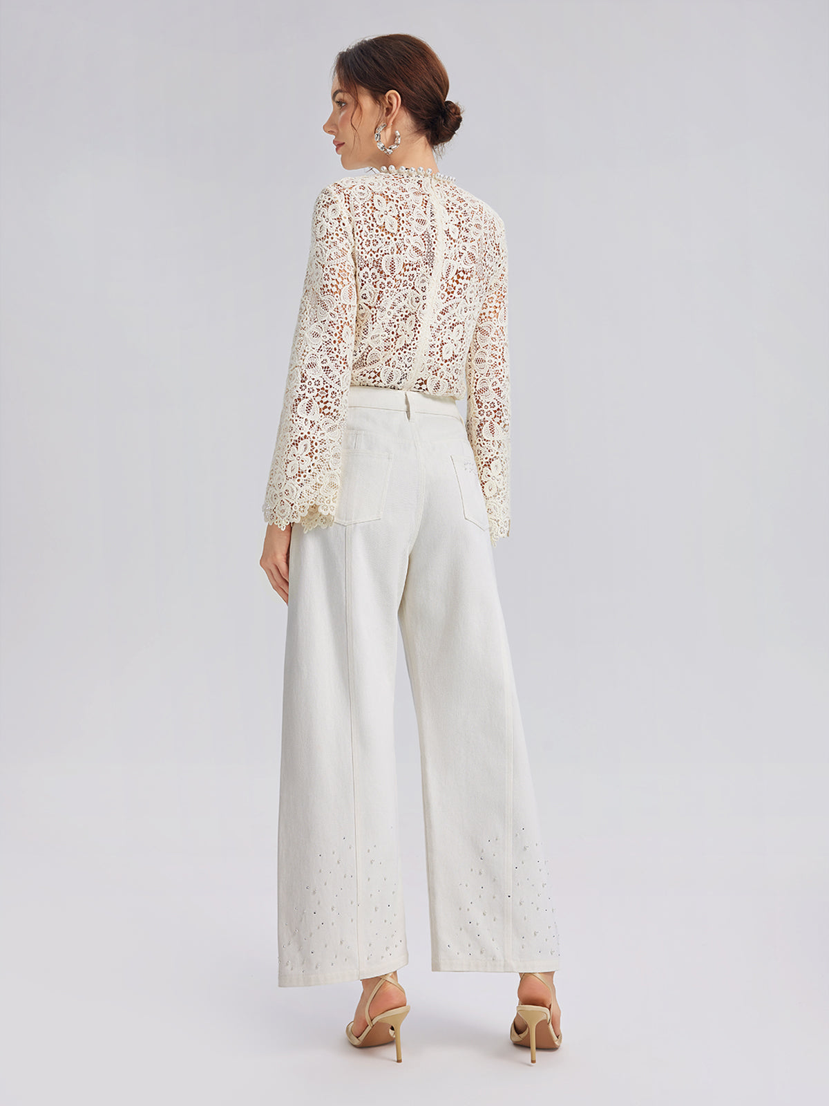 Pearl Rhinestone Denim Wide-Leg Pants