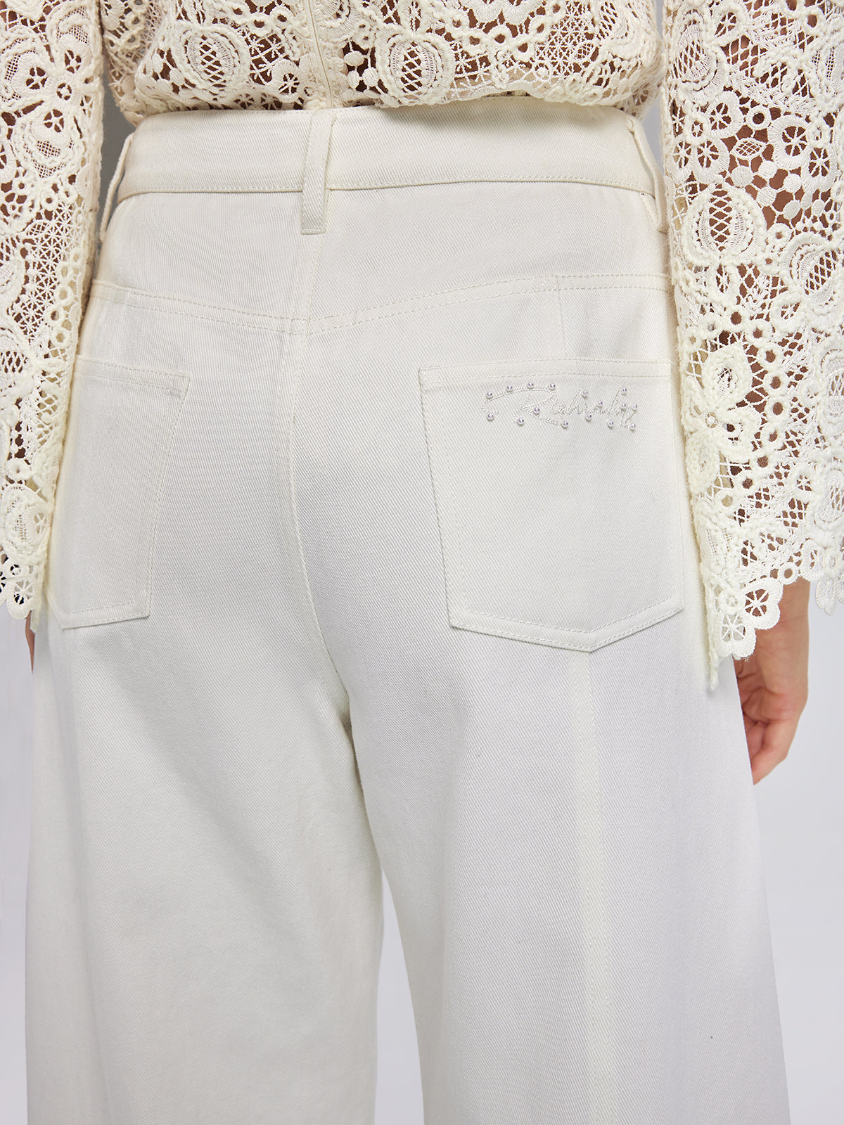 Pearl Rhinestone Denim Wide-Leg Pants